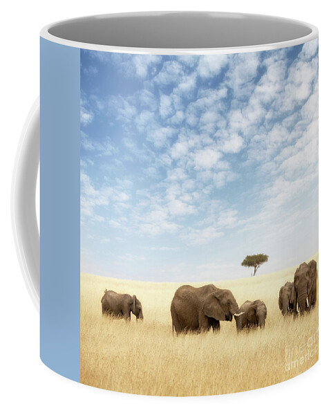 Elephant Coffee Mug featuring the photograph Elephant group in the grassland of the Masai Mara by Jane Rix