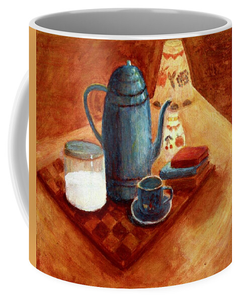 Still Life Evening Home Lamplight Books Coffee Mug featuring the painting Evening Tea by Thomas Santosusso