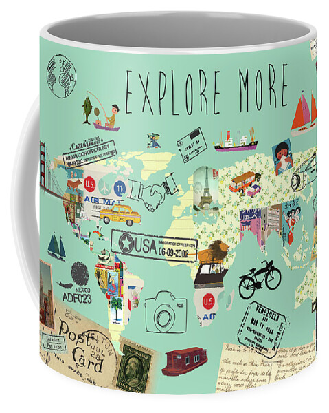 Exlore More World Map Coffee Mug featuring the mixed media Exlore more world map by Claudia Schoen