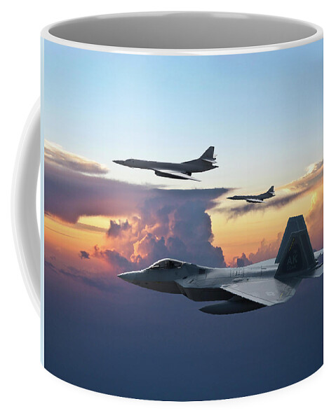 U.s. Air Force Coffee Mug featuring the digital art  F-22 Raptor Escorting Russian Tu-160 Blackjacks by Erik Simonsen