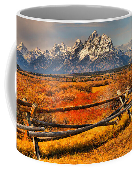 Grand Teton National Park Coffee Mug featuring the photograph Fall Foliage Over The Fence by Adam Jewell