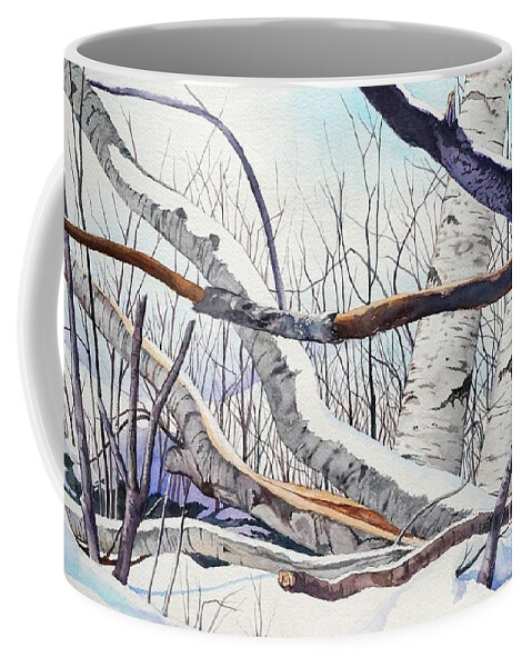 Birch Trees Coffee Mug featuring the painting Fallen Birch trees after the snowstorm in watercolor by Christopher Shellhammer