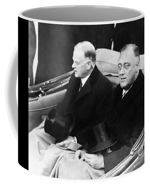 Franklin Roosevelt Coffee Mug featuring the photograph FDR and Herbert Hoover - Inauguration Day 1933 by War Is Hell Store