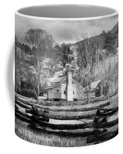 Barn Coffee Mug featuring the photograph Fences and Cabins Cades Cove in Black and White by Debra and Dave Vanderlaan