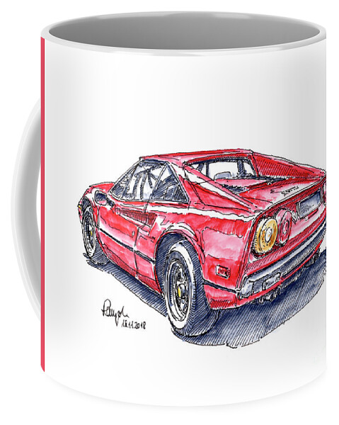 Ferrari Coffee Mug featuring the drawing Ferrari 308 GTB Sports Car Ink Drawing and Watercolor by Frank Ramspott