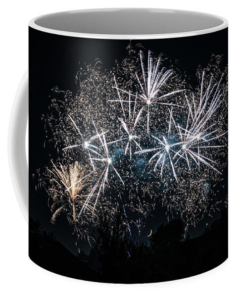 Fireworks Coffee Mug featuring the photograph Fireworks and Moon 2 by Allin Sorenson