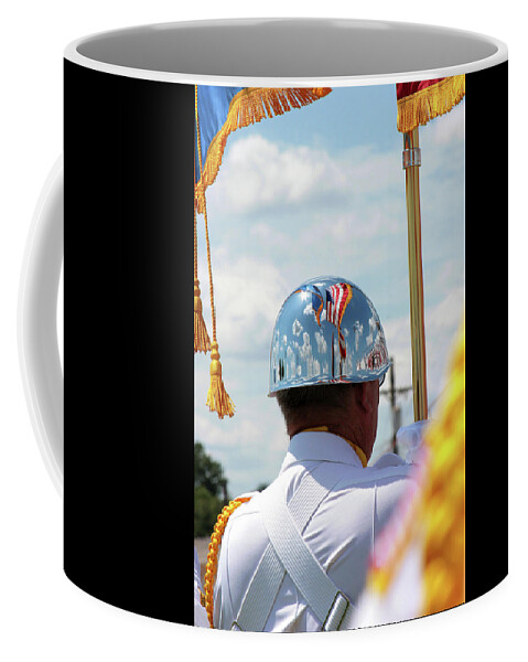 American Flag Coffee Mug featuring the photograph Flags Reflection in Veteran Helmet by Toni Hopper
