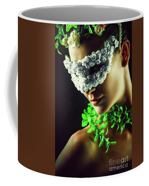Art Coffee Mug featuring the photograph Flower Princess Woman wearing masquerade carnival mask by Dimitar Hristov
