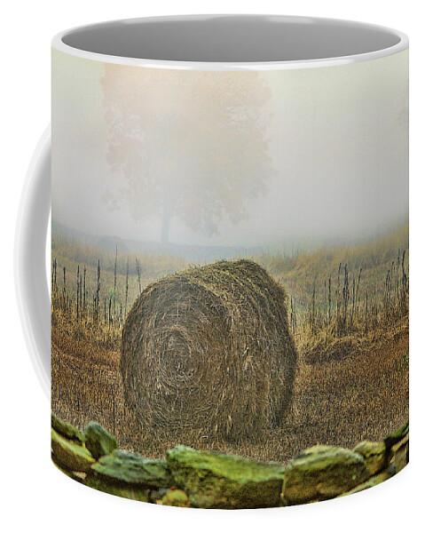 Bale Of Hay Coffee Mug featuring the photograph Foggy autumn morning near the beach by Cordia Murphy