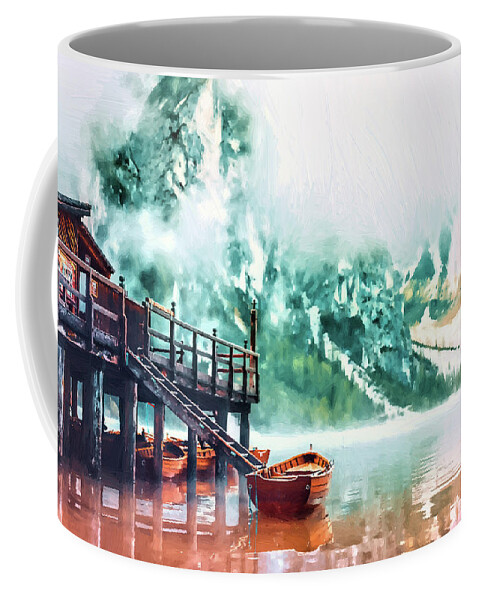 Landscape Coffee Mug featuring the painting Foggy Morning at Lago Di Braies Italy - DWP1721011 by Dean Wittle