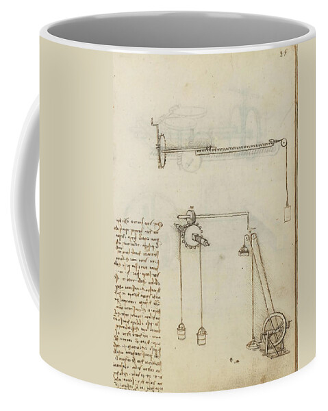 Codex Madrid I Coffee Mug featuring the drawing Folio f 35r. Codex Madrid I -Ms. 8937- 'Treaty of statics and mechanics', 192 folios with 384 pag... by Leonardo da Vinci -1452-1519-