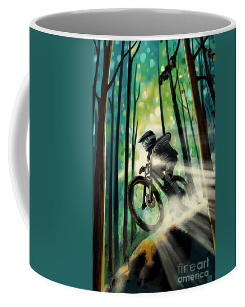 Mountain Bike Coffee Mug featuring the painting Forest jump mountain biker by Sassan Filsoof