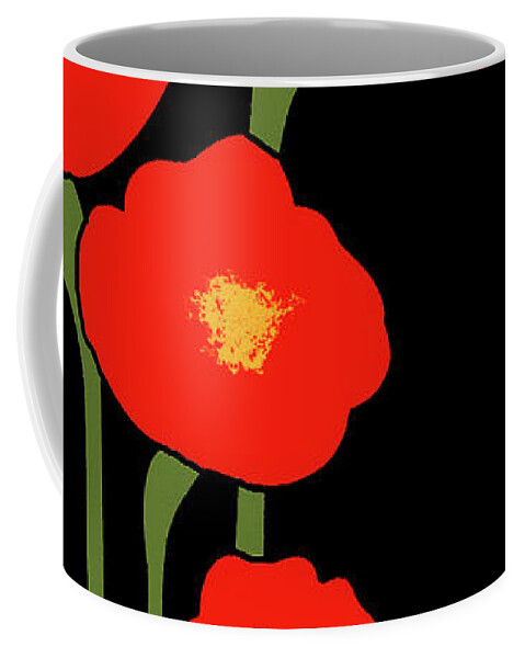 Four Red Flowers On Black Stark Red Black Simple Peggy Cooper Cooperhouse Interior Decor Bright  Coffee Mug featuring the digital art Four Red Flowers on Black by Peggy Cooper-Hendon