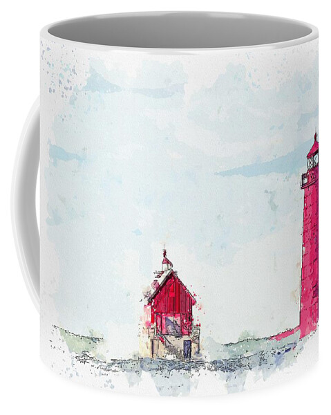 Frozen Coffee Mug featuring the painting Frozen Red Lighthouse - watercolor by Adam Asar by Celestial Images