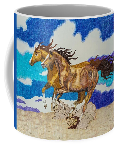 Colored Pencil Drawing Coffee Mug featuring the drawing Galloping in Sand by Equus Artisan