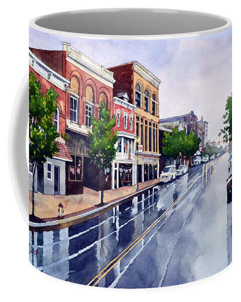 #landscape #cityscape #watercolor #rain #rainy #reflections #fineart #buildings Coffee Mug featuring the painting Gaslights and Afternoon Rain by Mick Williams