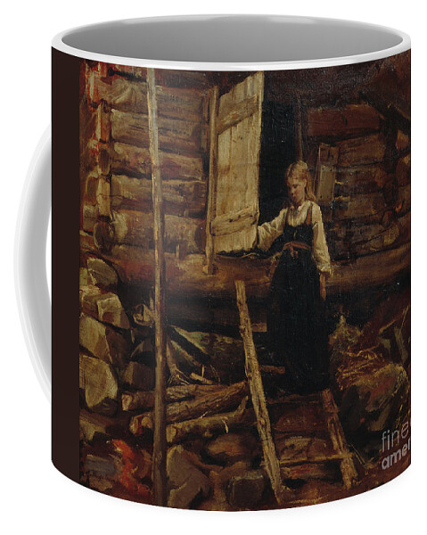Art Coffee Mug featuring the painting Girl On Stairs by Nils Bergslien