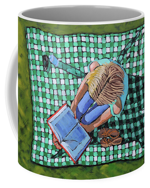 Girl Coffee Mug featuring the painting Girl Reading on Blanket by Kevin Hughes