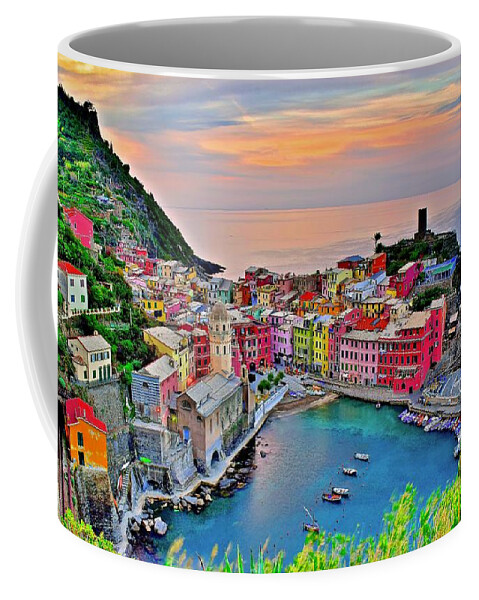 Vernazza Coffee Mug featuring the photograph Glorious Sunrise behind Vernazza by Frozen in Time Fine Art Photography