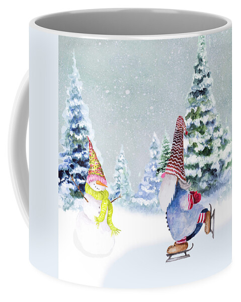 Gnomes Coffee Mug featuring the mixed media Gnomes Ice Skating I by Janice Gaynor