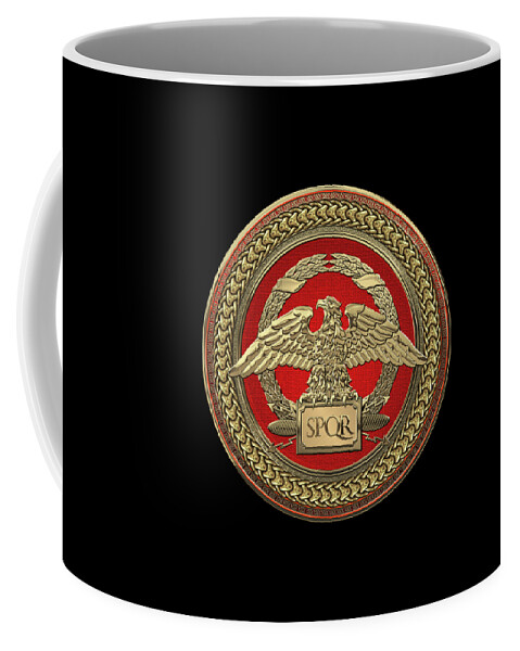 ‘treasures Of Rome’ Collection By Serge Averbukh Coffee Mug featuring the digital art Gold Roman Imperial Eagle over Red and Gold Medallion on Black Leather by Serge Averbukh