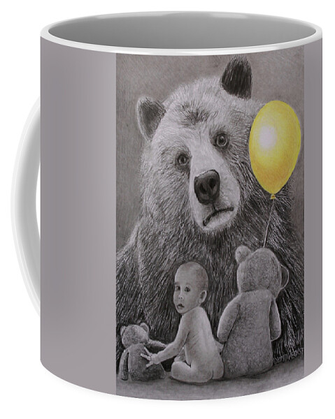 Monotone Coffee Mug featuring the drawing Goldilocks and the three bears by Tim Ernst