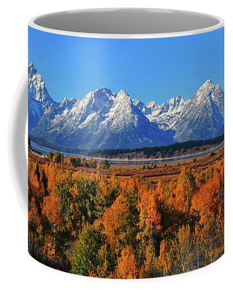 Grand Teton National Park Coffee Mug featuring the photograph Grand Teton National Park Autumn Panorama by Greg Norrell