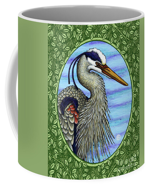 Animal Portrait Coffee Mug featuring the painting Great Blue Heron Portrait - Green Border by Amy E Fraser
