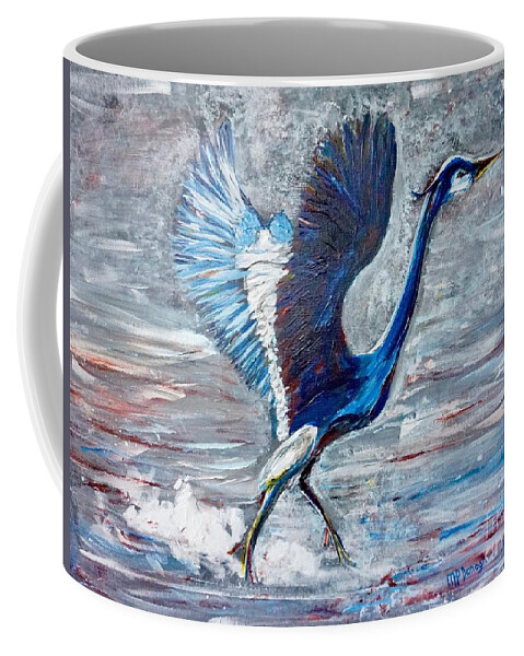 Great Blue Heron Coffee Mug featuring the painting Great Blue Heron -Taking Flight from Water by Patty Donoghue