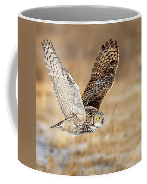 Great Horned Owl Coffee Mug featuring the photograph Great Horned Owl in Flight by Judi Dressler