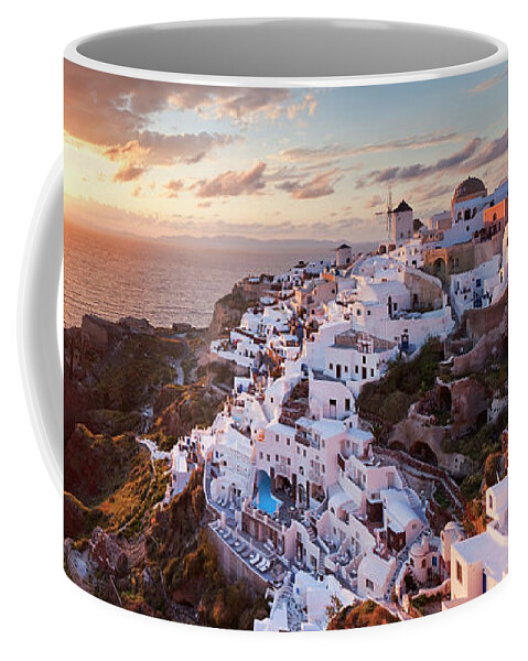 Estock Coffee Mug featuring the digital art Greece, Aegean Islands, Cyclades, Santorini Island, Greek Islands, Oia Village At Sunset by Luigi Vaccarella