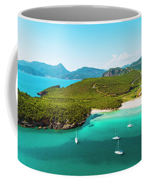 Estock Coffee Mug featuring the digital art Greece, Epirus, Preveza, Mediterranean Sea, Aerial View Of Nicos Beach In Ammoudia With Sailing Boats, A Small Fishing Village by Armand Ahmed Tamboly