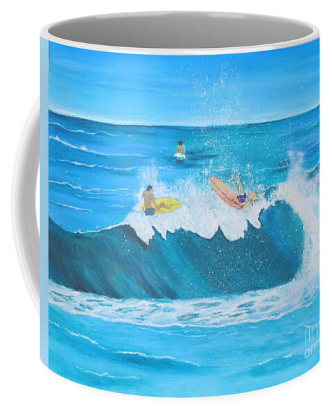 Surfing Coffee Mug featuring the painting Grubbing at the Crest by Elizabeth Mauldin