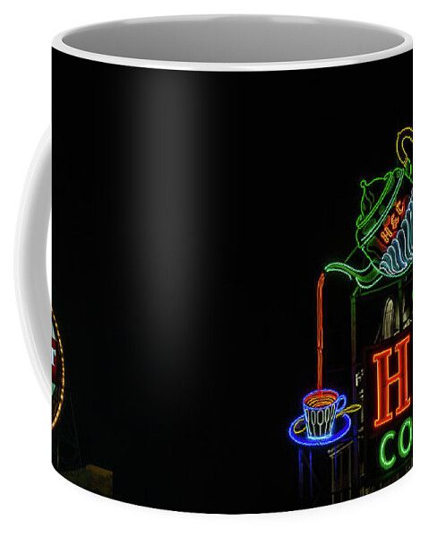 Neon Sign Coffee Mug featuring the photograph H C Coffee sign and Dr Pepper Roanoke virginia by Julieta Belmont