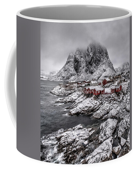 Hamnoy Coffee Mug featuring the photograph Hamnoy Snow Scene by Roberta Kayne