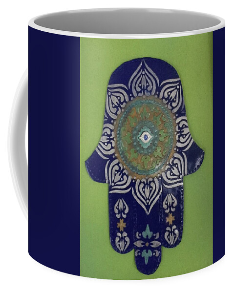 Hamsa Coffee Mug featuring the painting Hamsa in blue by Hila Abada