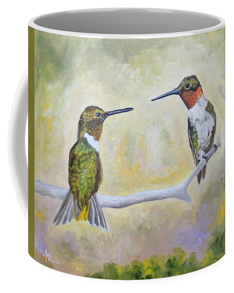 Hummingbirds Coffee Mug featuring the painting Hanging Out Together by Angeles M Pomata
