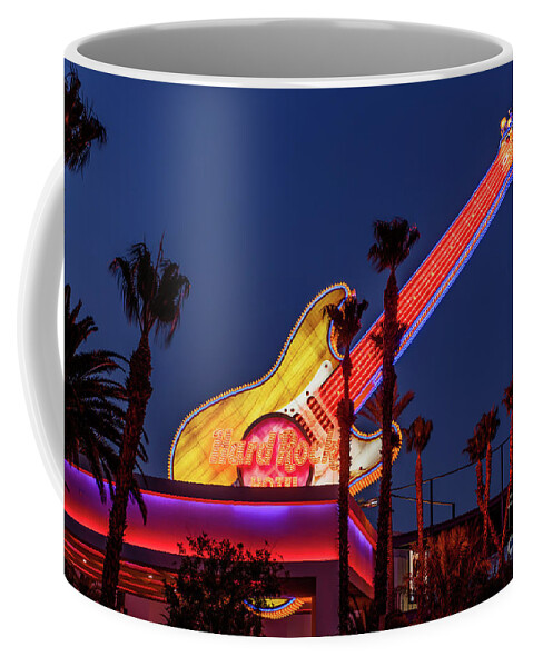 Las Vegas Strip Coffee Mug featuring the photograph Hard Rock Casino Con Air Guitar at Dusk From West by Aloha Art