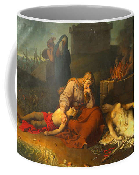Karl Russ Coffee Mug featuring the painting Hecabe with the corpses of her children Polyxena and Polydoros at the tomb of Achilles by Karl Russ