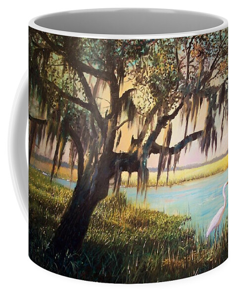 Marsh Coffee Mug featuring the painting Heron and Live Oak Tree by Blue Sky