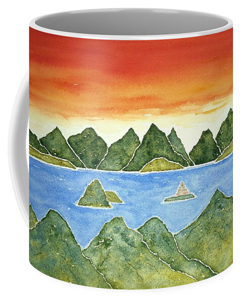 Watercolor Coffee Mug featuring the painting Hidden Islands Lore by John Klobucher