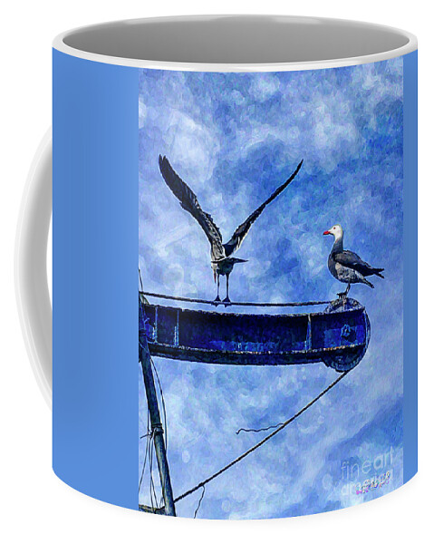 Ports O' Call Coffee Mug featuring the digital art High Diving Gulls by Rhonda Strickland