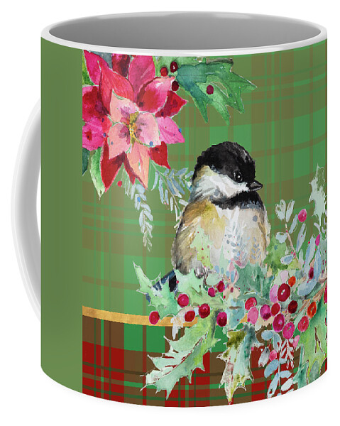 Cardinal Coffee Mug featuring the mixed media Holiday Poinsettia And Cardinal On Plaid II by Patricia Pinto