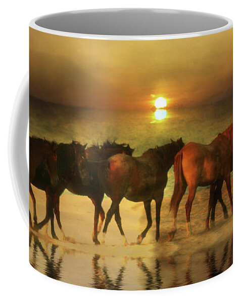 Horses Coffee Mug featuring the photograph Horses on a Golden Beach at Sunset by Stephanie Laird