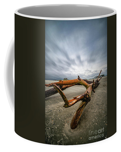 Portrait Coffee Mug featuring the photograph Hurricane Florence Beach Log - portrait by David Smith