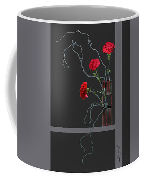 Carnation Coffee Mug featuring the mixed media Red Carnations and Bamboo Vase by M Spadecaller