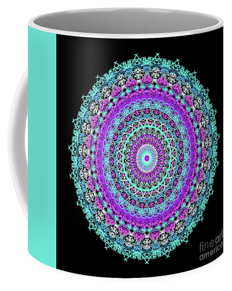 Abstract Coffee Mug featuring the digital art Illustration, Complex Mandala Style Radial Rendering, Abstract Lace Flowers In Blue And Purple Tones. by Joaquin Corbalan