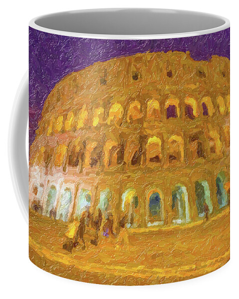 Italy Coffee Mug featuring the photograph illustration of Night view of Roman amphitheater by Vivida Photo PC
