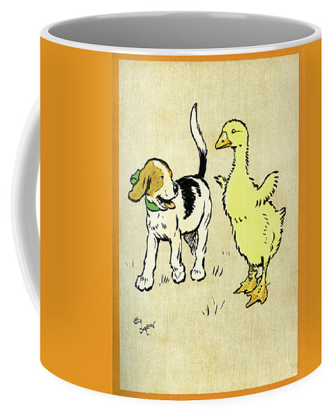 Puppy Coffee Mug featuring the mixed media Illustration of puppy and gosling by Cecil Aldin