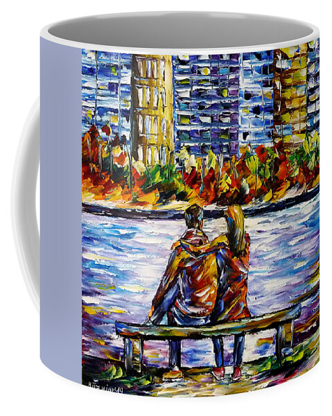 People In Autumn Coffee Mug featuring the painting In Front Of Big City by Mirek Kuzniar